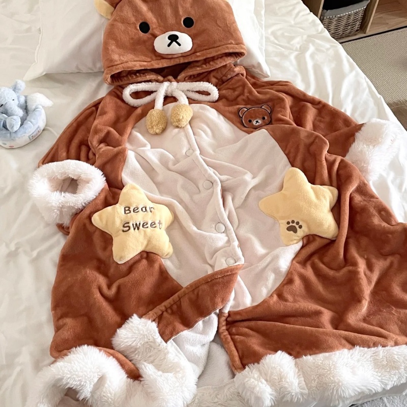 侘町轻松熊斗篷2025冬季新款法兰绒保暖加厚睡衣女卡通家居服睡袍