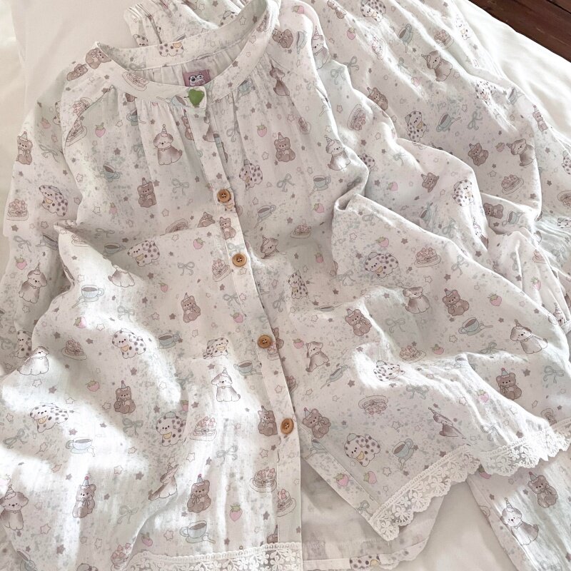 侘町睡衣女2025新款冬薄荷斑点狗纯棉双层纱可外穿卡通家居服套装