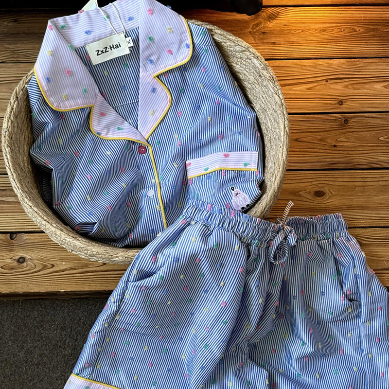 侘町2025新款蓝粉条纹短袖睡衣女夏季款可外穿卡通简约家居服夏季,女士内衣/男士内衣/家居服,睡衣/家居服套装,淘宝优惠券,粉丝福利购,淘宝优惠卷