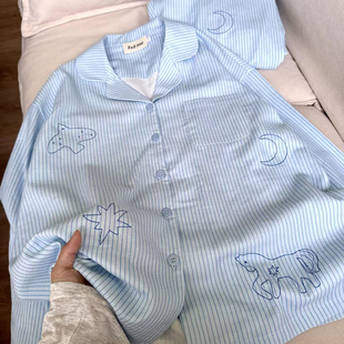 家居服套装 春秋季 蓝条纹飞鸟小马纯棉梭织睡衣长袖 侘町2025年新款