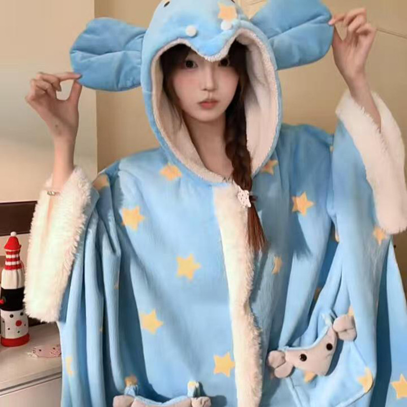 侘町2025年秋冬季新款笨笨大象卡通法兰绒睡袍女可外穿斗篷家居服