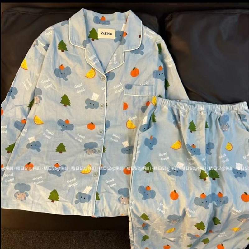 Wabi Town 2024 New arrival Good Blue Elephant pure cotton Long sleeves Pajamas Female Cartoon Spring and Autumn Home Clothes Autumn Style