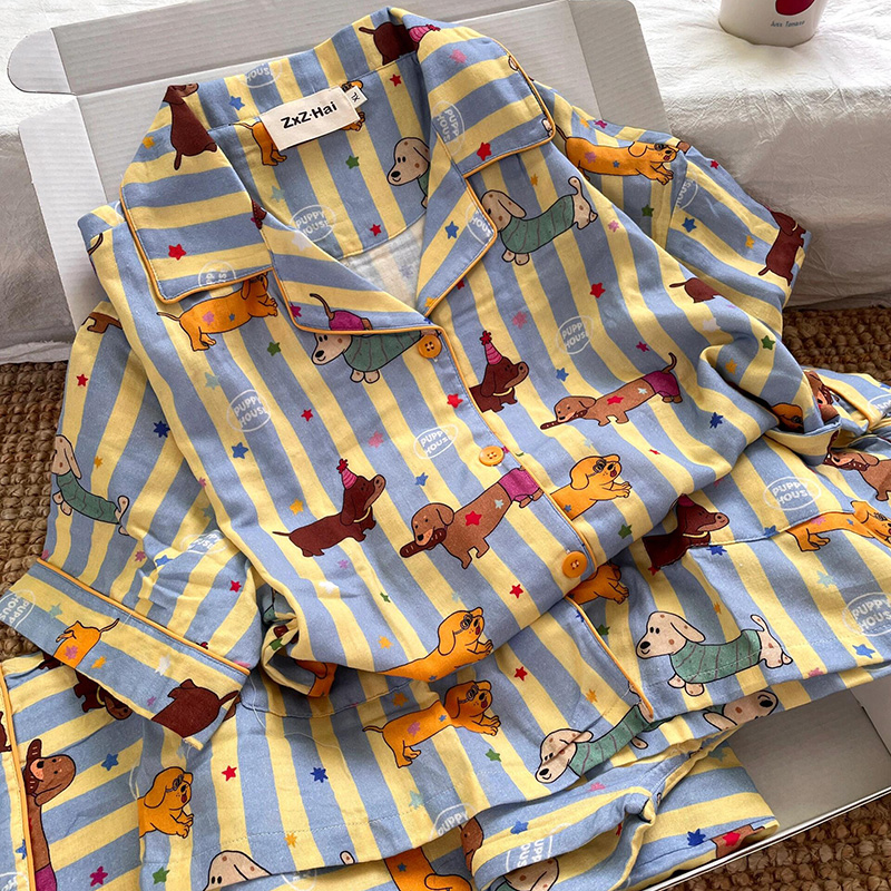 侘町2025新款条纹腊肠狗狗短袖睡衣女夏季纯棉卡通外穿家居服套装