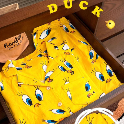 侘町2025年新款黄色崔迪纯棉长袖睡衣女春秋季可外穿家居服春款