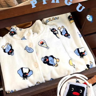 侘町2024新款 机器人pingu法兰绒睡衣女秋冬款 加绒加厚家居服冬季