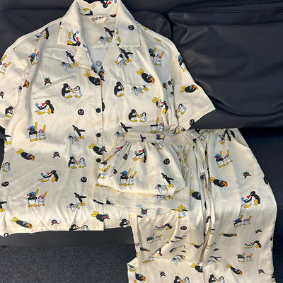 侘町2024年新款米白pingu冰丝短袖三件套睡衣女夏季卡通家居服