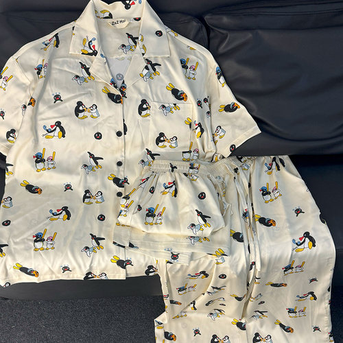 侘町2024年新款米白pingu冰丝短袖三件套睡衣女夏季卡通家居服