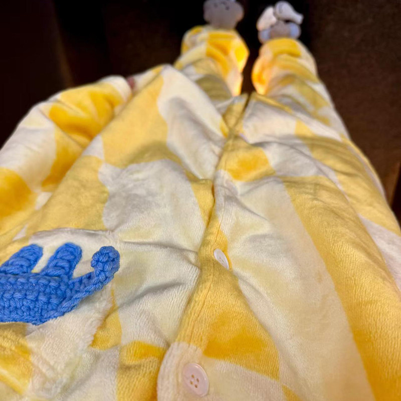 侘町2024新款黄色菱形大象长袖睡衣女秋冬季法兰绒家居服套装秋款