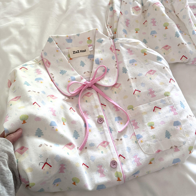 侘町2026新款春秋季纯棉长袖睡衣女款喷泉小屋套装卡通休闲家居服,女士内衣/男士内衣/家居服,睡衣/家居服套装,淘宝优惠券,粉丝福利购,淘宝优惠卷