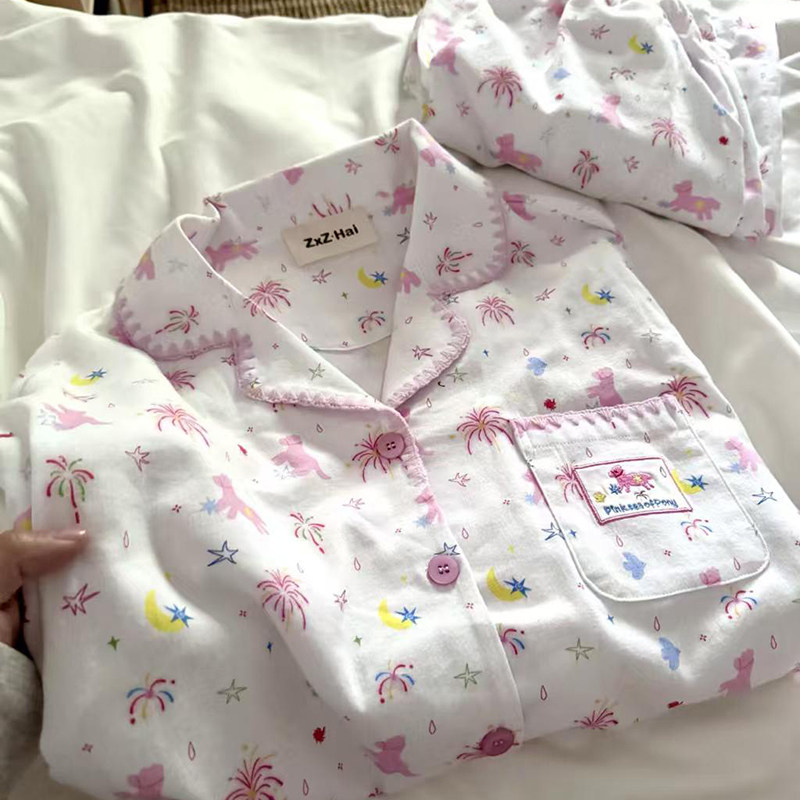 侘町2025年新款烟花飞马长袖纯棉磨毛睡衣女秋季可外穿家居服套装