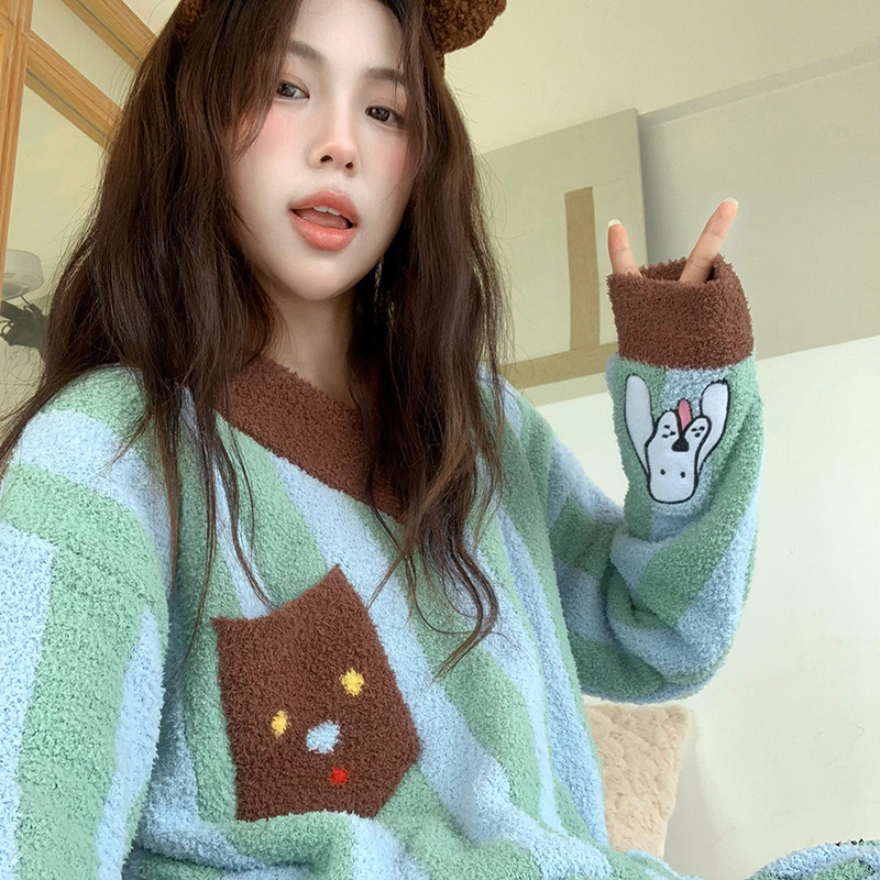 侘町2025新款狗狗爪印半边绒睡衣女秋冬款保暖加绒加厚冬季家居服