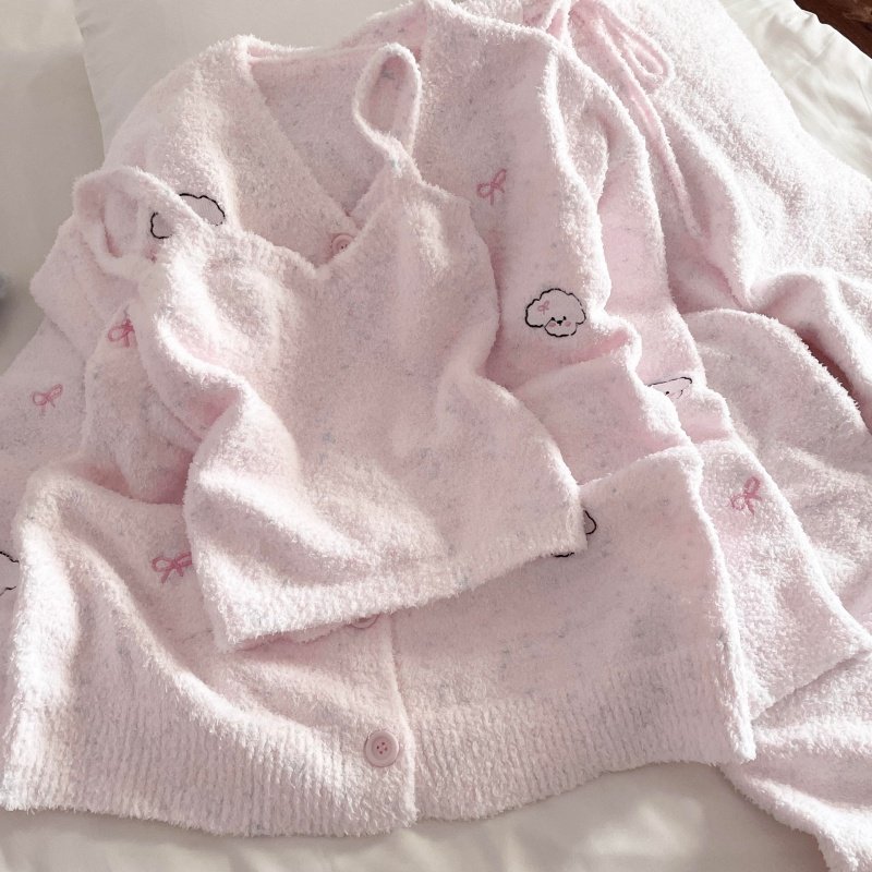 侘町蝴蝶结小狗2025新款冬季羽毛纱睡衣套装女可外穿三件套家居服,女士内衣/男士内衣/家居服,睡衣/家居服套装,淘宝优惠券,粉丝福利购,淘宝优惠卷