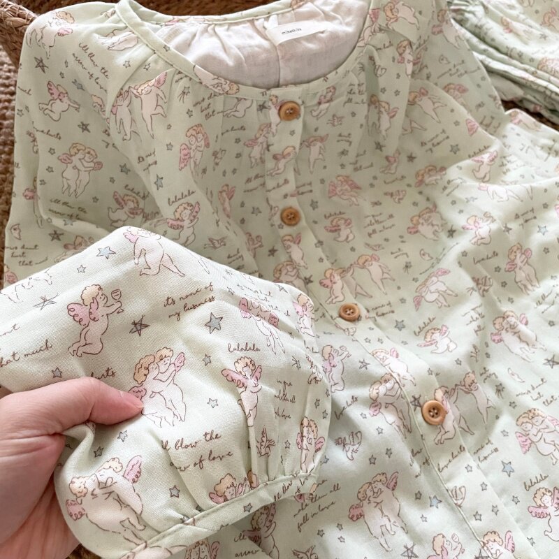 侘町睡衣女2025春秋新款纯棉休闲可外穿薄荷绿天使卡通套装家居服