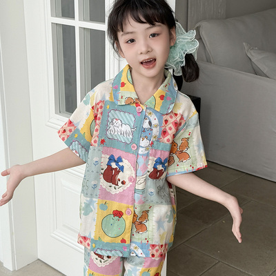 侘町2025年新款故事格子儿童夏季纯棉睡衣男女童中大童家居服套装