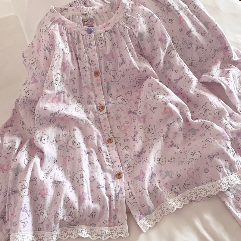 侘町紫罗兰蝴蝶猫2025秋冬新款纯棉开衫睡衣少女款卡通家居服套装