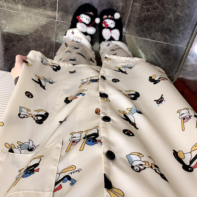 侘町2025新款米白pingu冰丝短袖睡衣女夏季卡通可外穿家居服套装