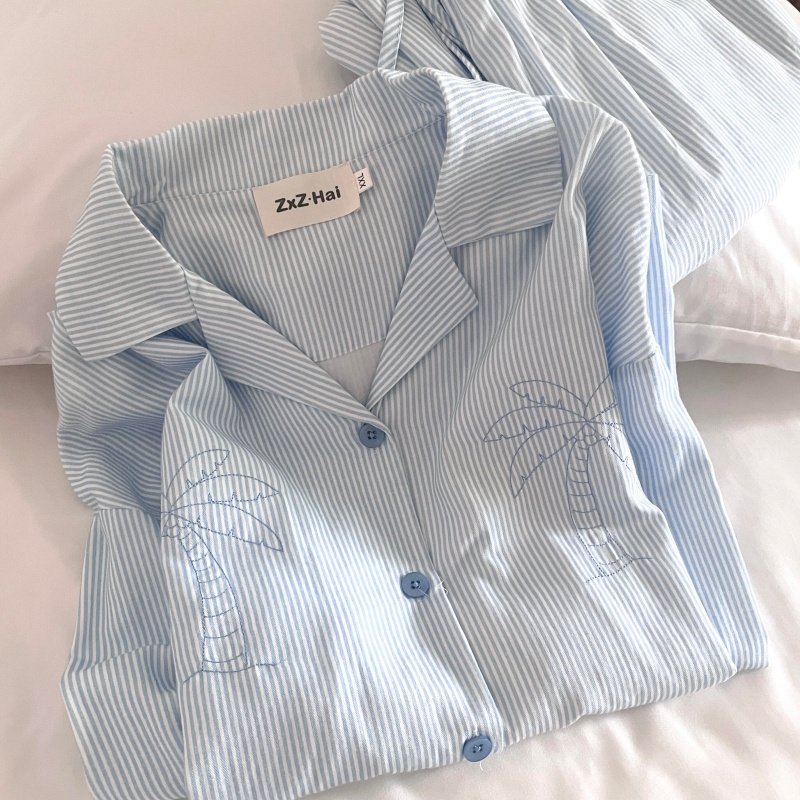 侘町睡衣女2025新款休闲蓝色条纹椰子树纯棉开衫可外穿秋冬家居服