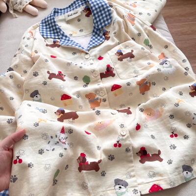 侘町复古蓝格狗狗party2025新款长袖纯棉睡衣套装春秋卡通家居服