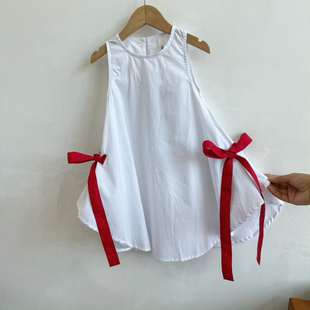 吾名堂品牌折扣女童夏装新款休闲百搭纯色背心裙蝴蝶结白色连衣裙