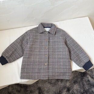 吾名堂品牌折扣男女童春季格子薄棉毛呢外套夹棉衬衣