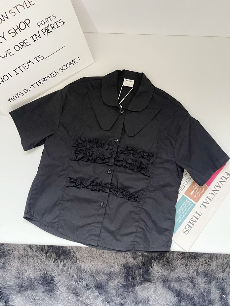 安系列夏装品牌折扣女童纯色木耳边半袖纯棉衬衣公主翻领上衣偏小