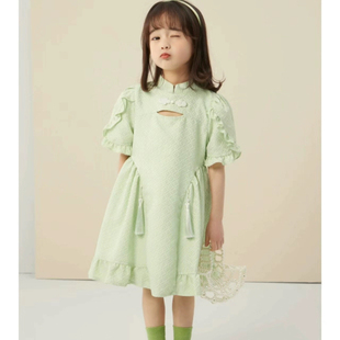 吾名堂品牌折扣女童夏装浮雕提花新中式旗袍女宝宝复古国风连衣裙