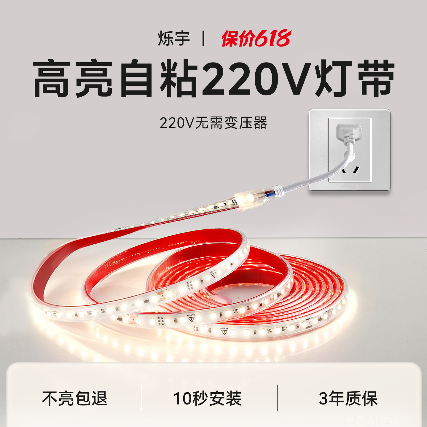 烁宇高压220v自粘led灯带软展示柜线形免变压器线型户外防水灯条