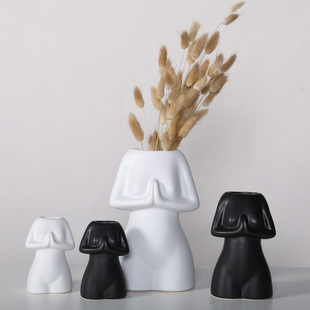 饰品摆设北欧黑白色陶瓷瑜伽人物花瓶摆件 现代简约家居客厅餐厅装