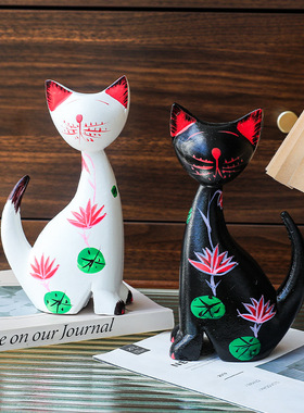 地中海风格彩绘情侣猫摆件家居少儿房客厅桌面装饰品办公室礼物