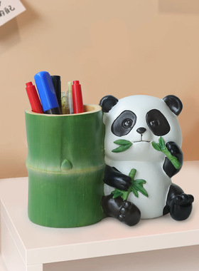跨境新品熊猫笔筒摆件树脂工艺品礼品家居儿童房桌面办公桌装饰品