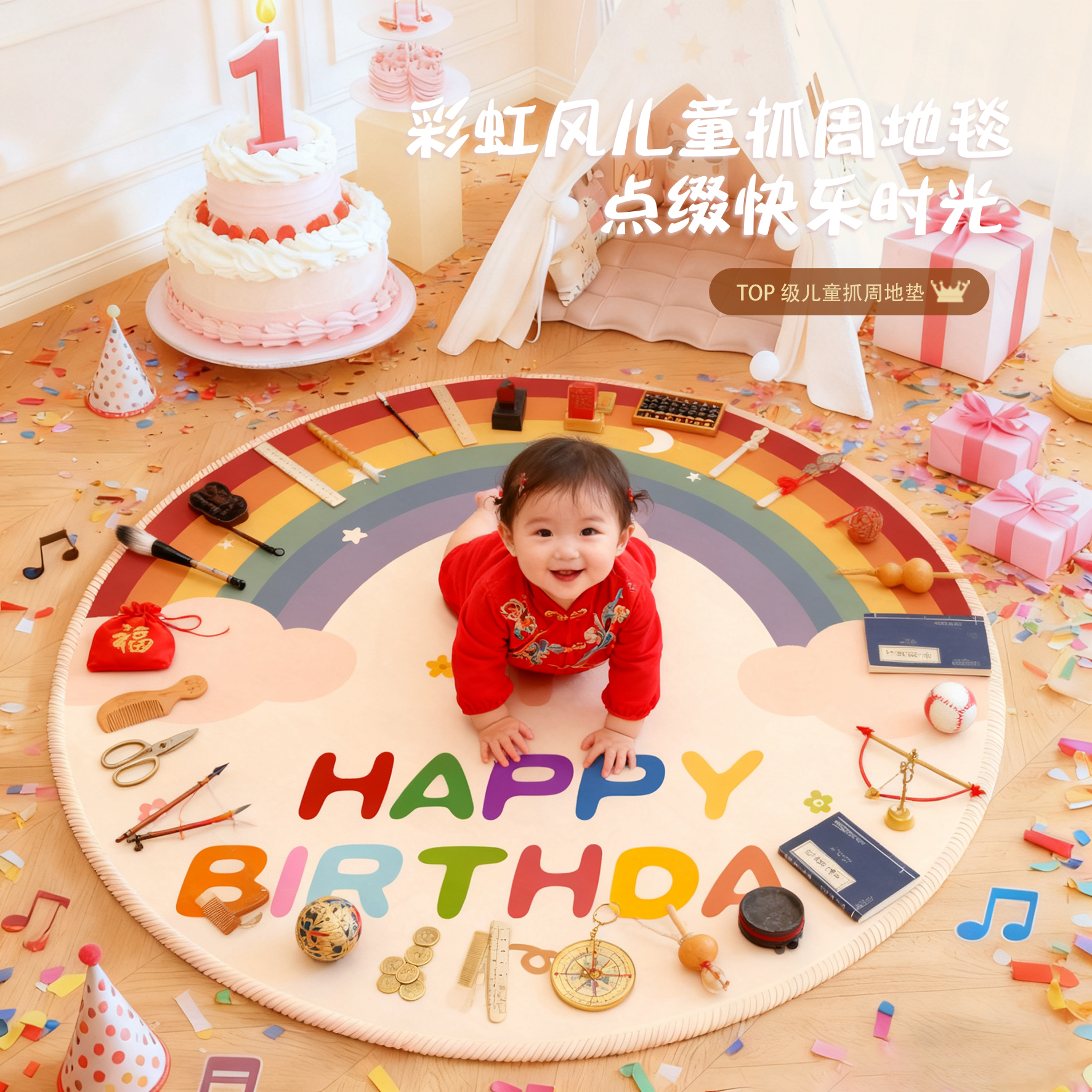 抓周地毯宝宝一周岁生日派对抓阄布置装饰加厚儿童房客厅圆形地毯