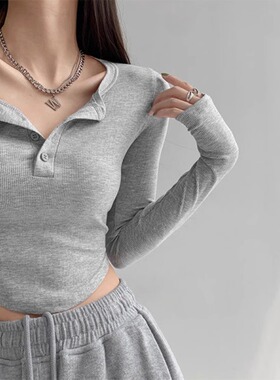 polo领纯欲风短款长袖T恤女装春季辣妹设计感修身灰色打底衫上衣