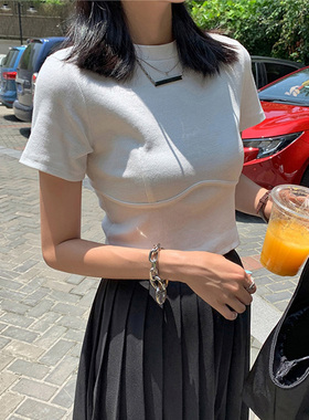 纯欲风鱼骨螺纹棉高腰t恤女短袖夏季新款韩版修身半袖上衣短款ins