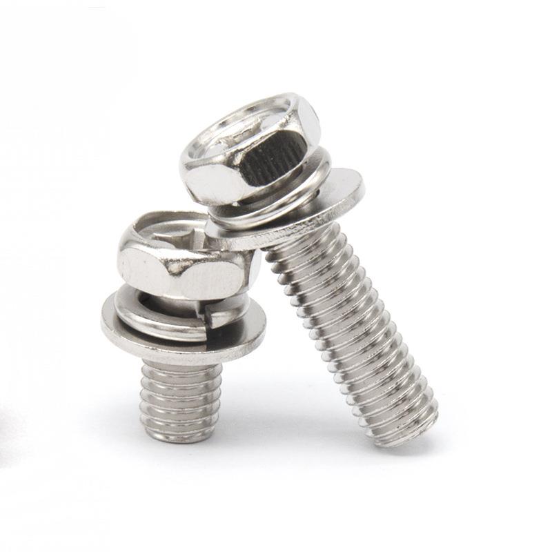 镀镍外六角三组合十字槽凹穴带垫片弹垫螺丝螺栓国标M4M5M6M8M10