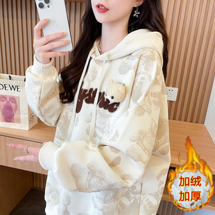 上衣初高中学生卫衣女秋冬加绒帽衫 纯棉遮屁股今年流行 新爆薄款