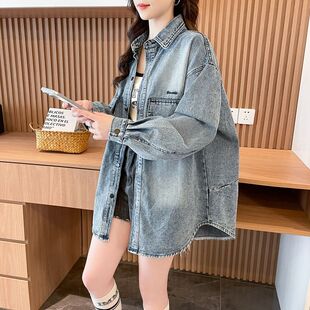 春秋新爆款大码女装胖mm遮肉巨显瘦牛仔衬衫港味chic复古宽松外套
