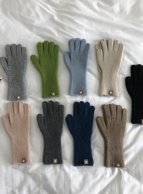 冬季韩国代购款羊毛纯色五指触屏骑车 女士毛线手套R201C分指手套