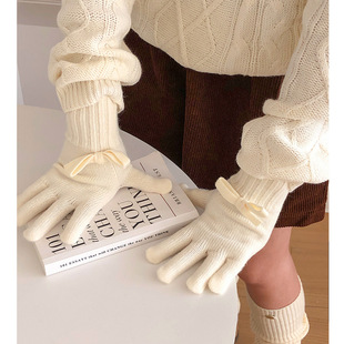 2024冬季 纯色蝴蝶结女秋冬高级感简约女士针织保暖手套女分指手套