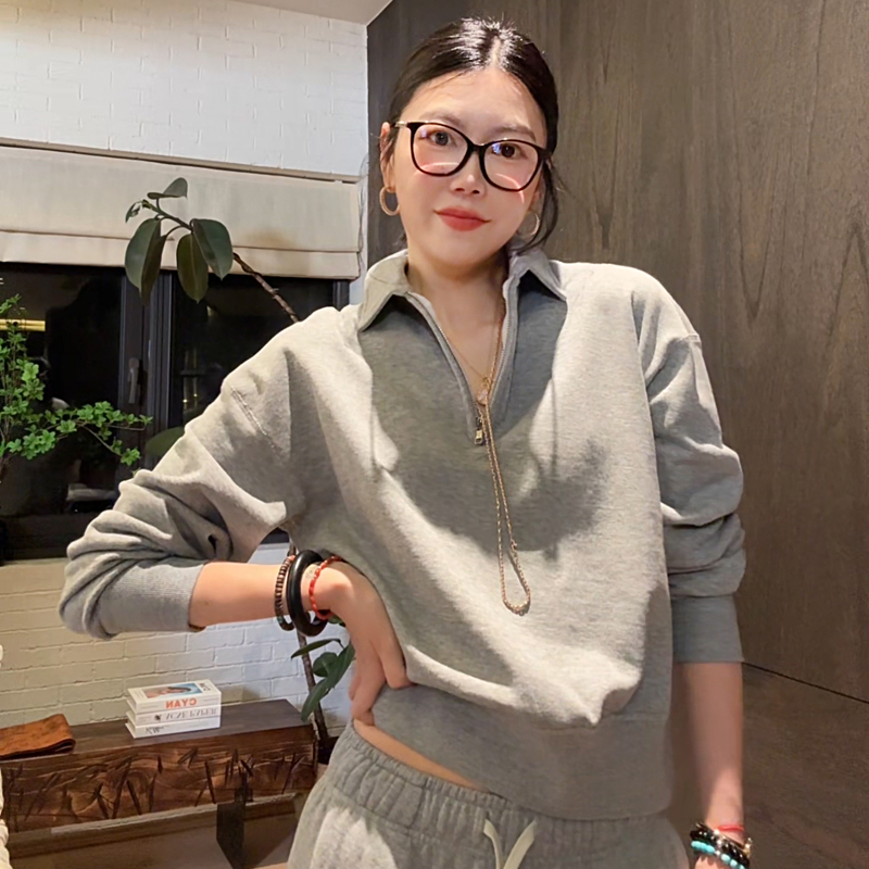 LUNA“时空轨迹”高级感灰色运动套装宽螺纹翻领拉链上衣
