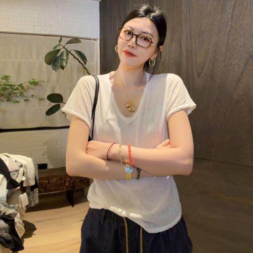 LUNA“轻奢日常”三色亚麻卷边亚麻V领短袖T恤