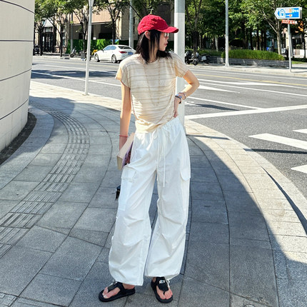 LUNA“白色恋人”美式复古 褶皱直筒 大口袋工装裤