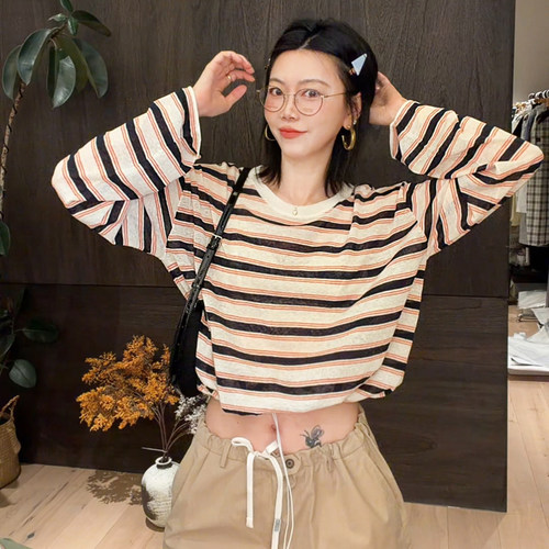 LUNA“女神神中神”法式亚麻几何彩条长袖防晒T恤