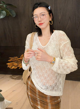 LUNA“白色恋人”性感健康亚麻羽花针织花边镂空罩衫