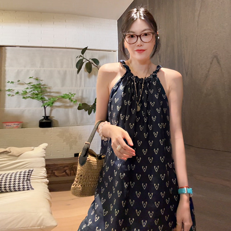 LUNA“森林的美”森系波西米亚风复古苎麻无袖挂脖碎花连衣裙