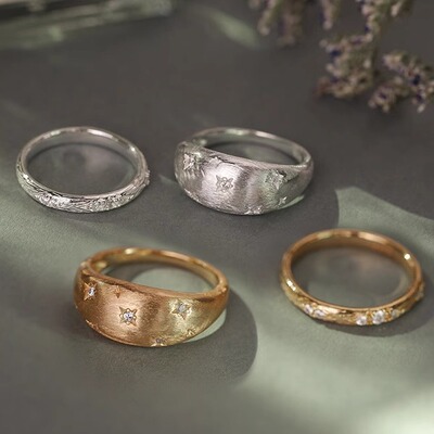 日系轻奢新品s925银镀金星星闪烁 镶钻小钻拉丝纹理戒指叠戴