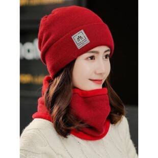 帽子女冬天保暖户外骑车毛线帽加绒防寒秋冬季产后红色针织月子帽