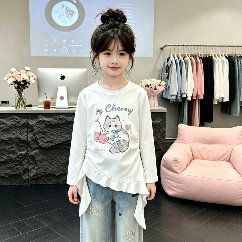 女童长袖T恤韩版卡通2026秋季薄款中大童洋气休闲上衣儿童打底衫