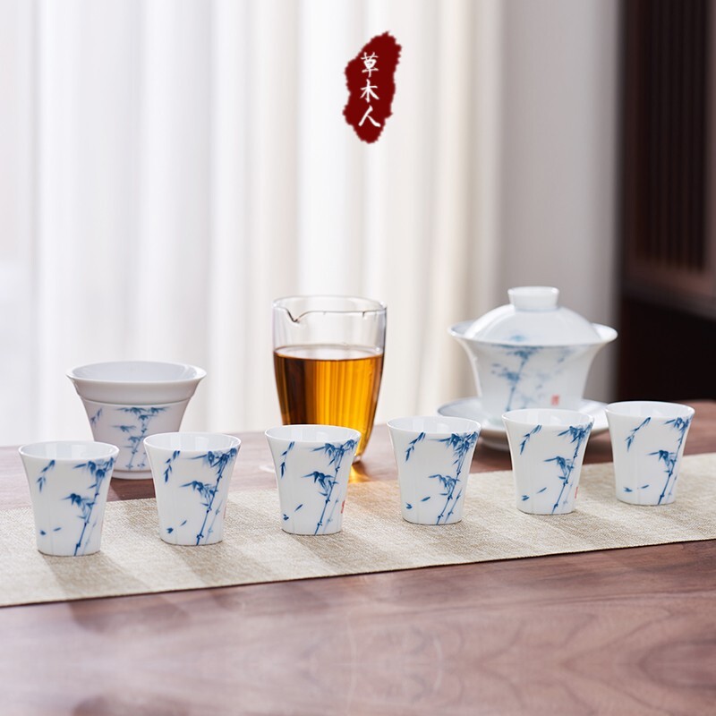 景德镇白瓷功夫茶具套装家用客厅手绘竹盖碗泡茶杯陶瓷茶漏品茗杯