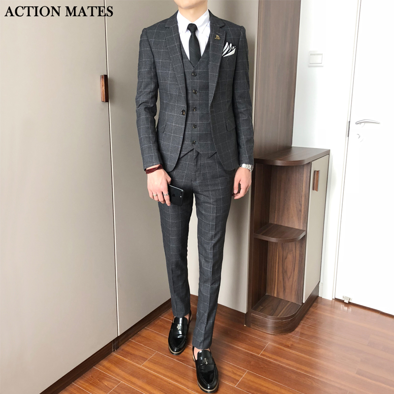 韩版修身休闲格子西服套装男士三件套正装新郎结婚礼服小西装职业