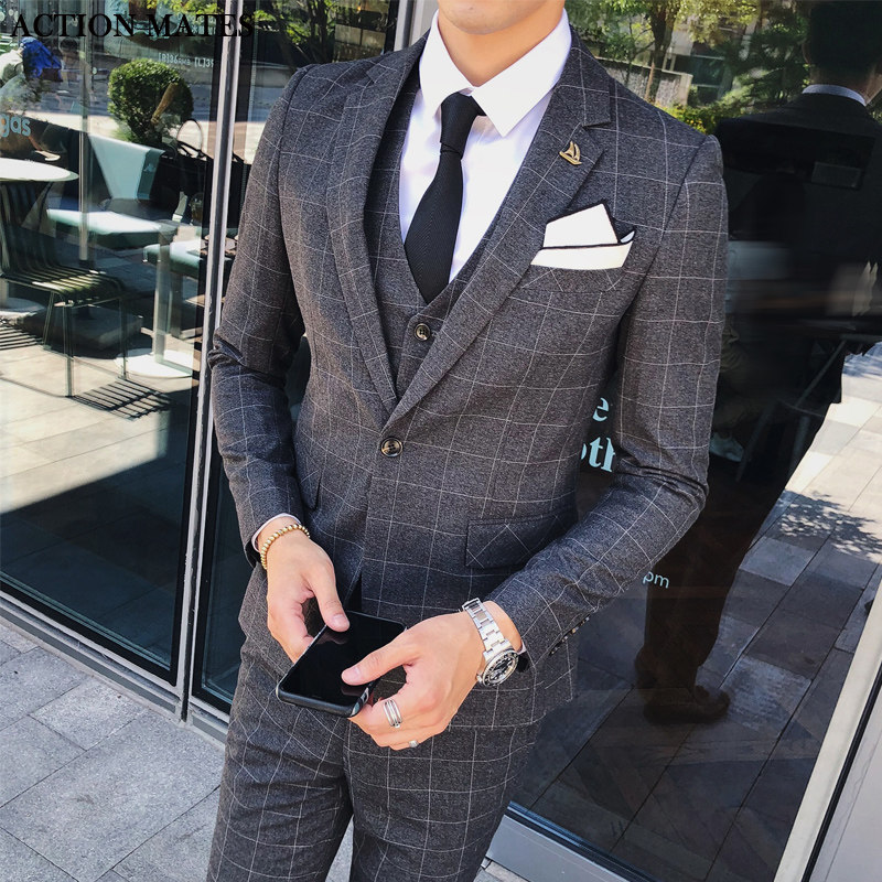 西装男士套装休闲格子新郎结婚礼服伴郎服韩版修身职业正装西服潮